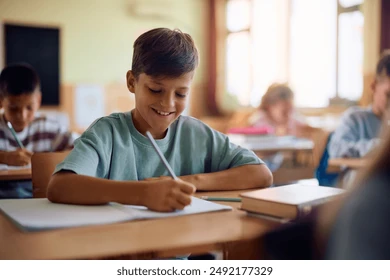 happy-schoolboy-writing-while-learning-260nw-2492177329