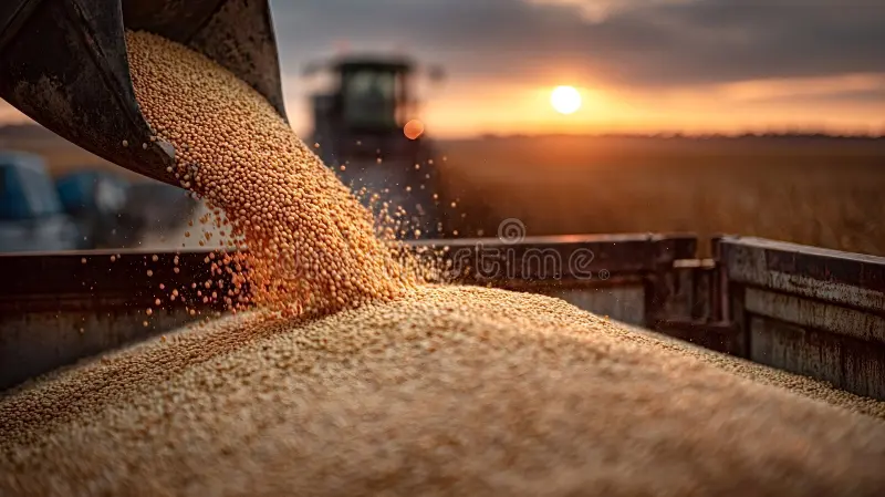 tractor-cargando-grano-de-soja-en-el-camión-al-atardecer-cosechador-descargando-semillas-un-remolque-durante-la-puesta-sol-con-400321527